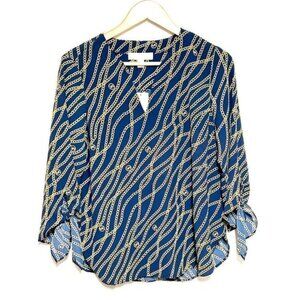 NWT Michael Kors Navy Chain Link Peasant Tie Pullover Top Sz M